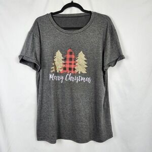 Women's Short Sleeve Merry Christmas Tee Shirt‎ Holiday Plaid Glitter Size XL